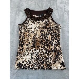 Rue Options Leopard Print‎ Tiered Ruffle Beaded Neck Sleeveless Top Brown PM